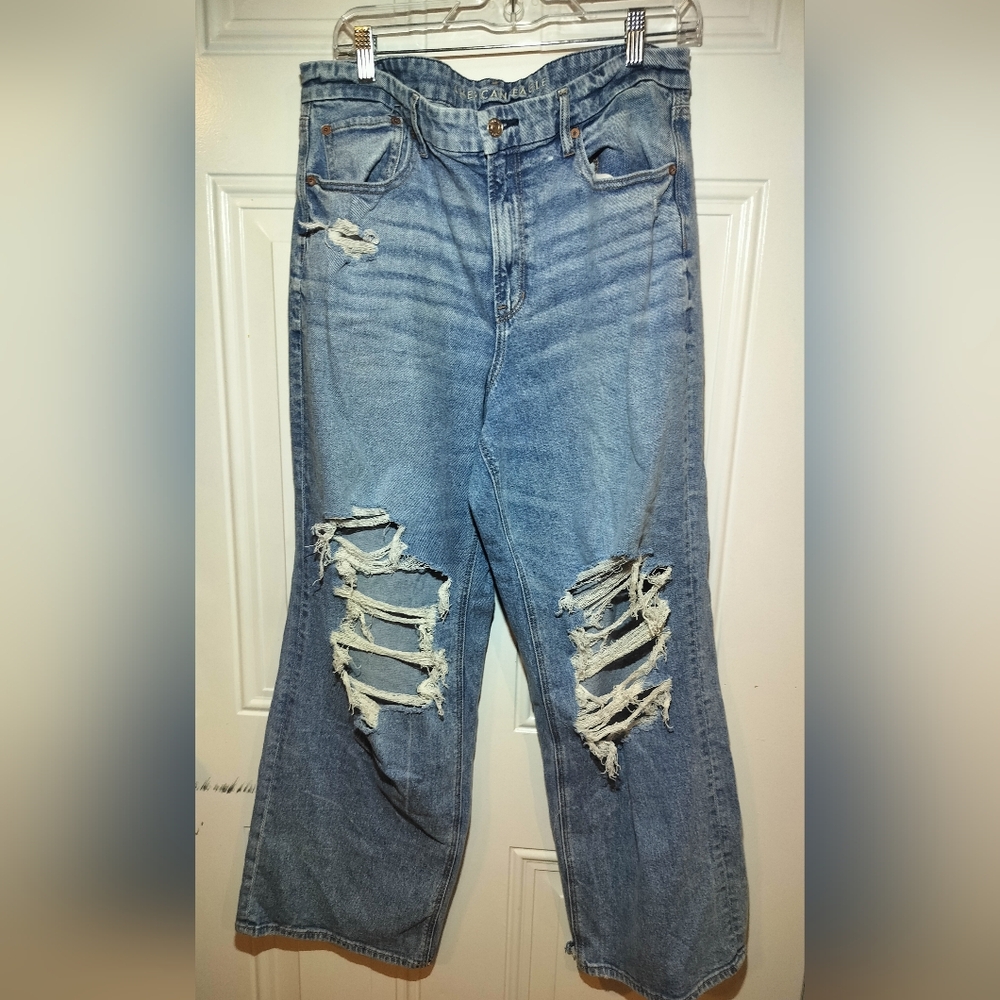 American Eagle Curvy Super High Rise Baggy Straight Jeans Mujer 14 Distressed